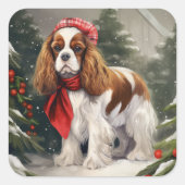 Cavalier King Charles Spaniel Dog Kerstmis Vierkante Sticker (Voorkant)