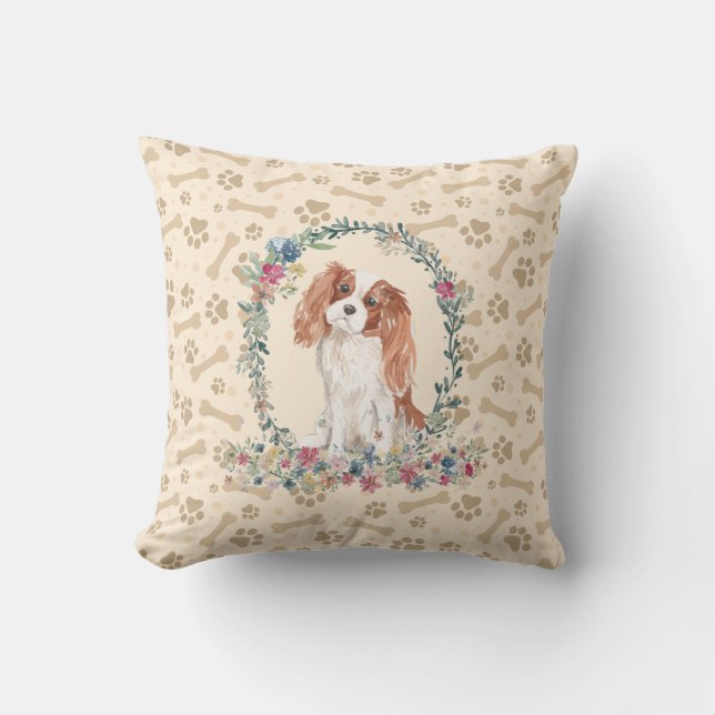 Cavalier King Charles Spaniel Dog Paw Print Floral Kussen (Voorkant)