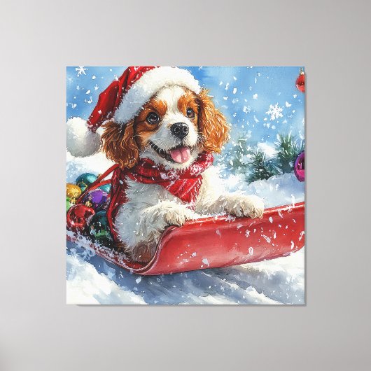 Cavalier King Charles Spaniel Dog Sledge Kerstmis Canvas Afdruk (Voorkant)
