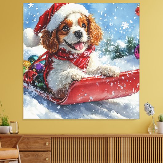 Cavalier King Charles Spaniel Dog Sledge Kerstmis Canvas Afdruk (Insitu (Woonkamer))