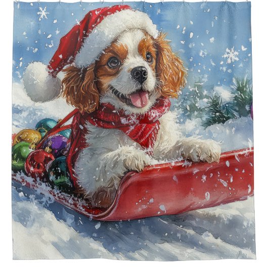 Cavalier King Charles Spaniel Dog Sledge Kerstmis Douchegordijn (Voorkant)