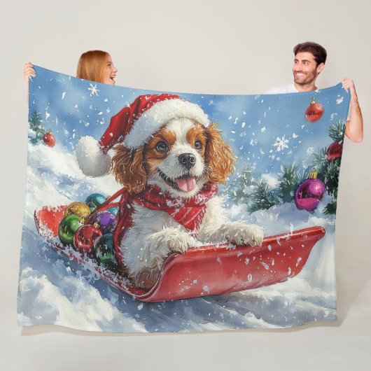 Cavalier King Charles Spaniel Dog Sledge Kerstmis Fleece Deken (In situ)
