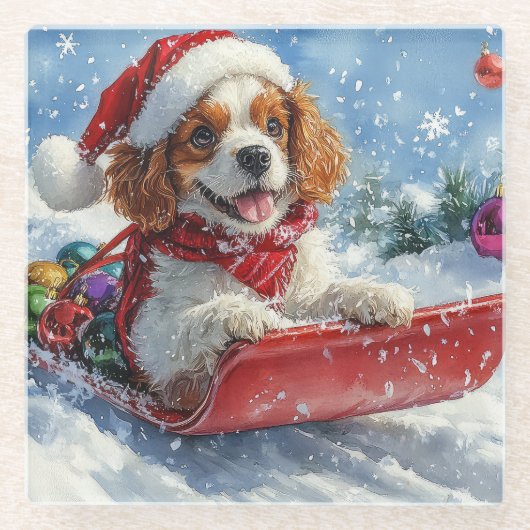 Cavalier King Charles Spaniel Dog Sledge Kerstmis Glazen Onderzetter (Voorkant)