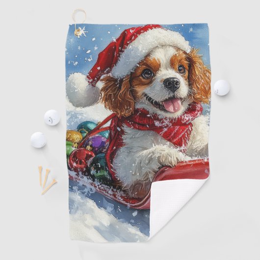 Cavalier King Charles Spaniel Dog Sledge Kerstmis Golfhanddoek (Insitu)