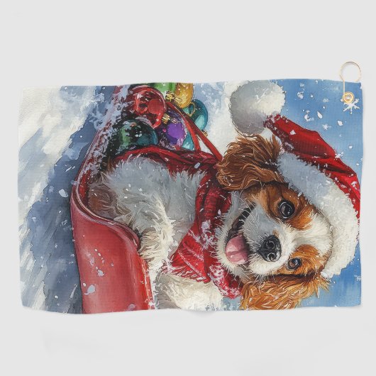 Cavalier King Charles Spaniel Dog Sledge Kerstmis Golfhanddoek (Horizontaal)