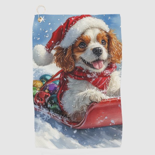 Cavalier King Charles Spaniel Dog Sledge Kerstmis Golfhanddoek (Voorkant)