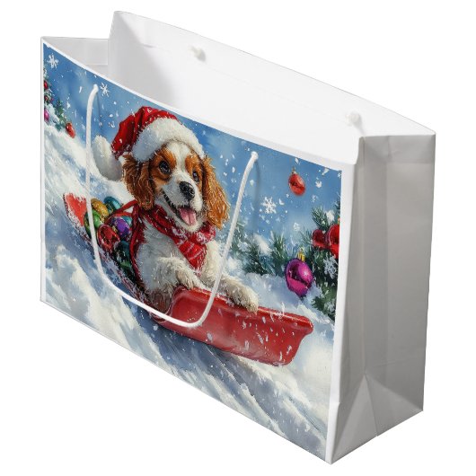 Cavalier King Charles Spaniel Dog Sledge Kerstmis Groot Cadeauzakje (Voorkant Gekanteld)