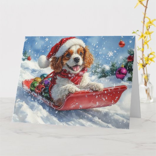 Cavalier King Charles Spaniel Dog Sledge Kerstmis Kaart (Gele Bloem)