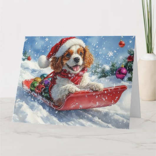 Cavalier King Charles Spaniel Dog Sledge Kerstmis Kaart (Voorkant)