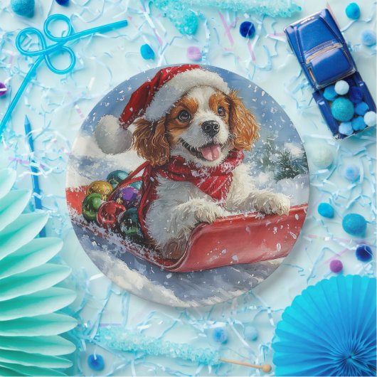 Cavalier King Charles Spaniel Dog Sledge Kerstmis Papieren Bordje (Feest)