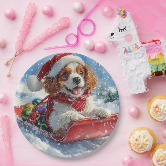 Cavalier King Charles Spaniel Dog Sledge Kerstmis Papieren Bordje (Feest)