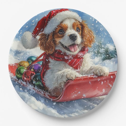 Cavalier King Charles Spaniel Dog Sledge Kerstmis Papieren Bordje (Voorkant)