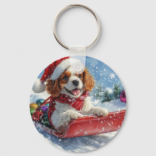 Cavalier King Charles Spaniel Dog Sledge Kerstmis Sleutelhanger (Voorkant)