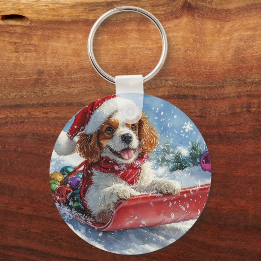 Cavalier King Charles Spaniel Dog Sledge Kerstmis Sleutelhanger (Voorkant)