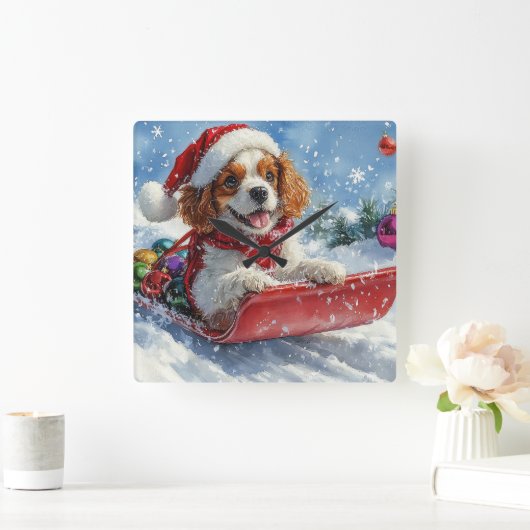 Cavalier King Charles Spaniel Dog Sledge Kerstmis Vierkante Klok (Huis)