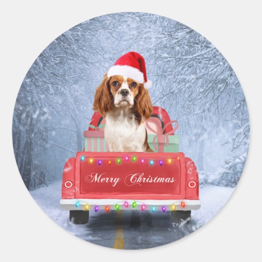 Cavalier King Charles Spaniel Dog Snow kerst Ronde Sticker (Voorkant)