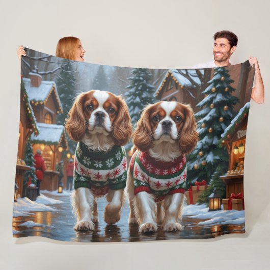 Cavalier King Charles Spaniel Dogs Christmas Snow  Fleece Deken (In situ)