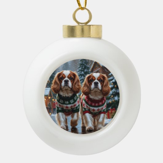 Cavalier King Charles Spaniel Dogs Christmas Snow Keramische Bal Ornament (Voorkant)