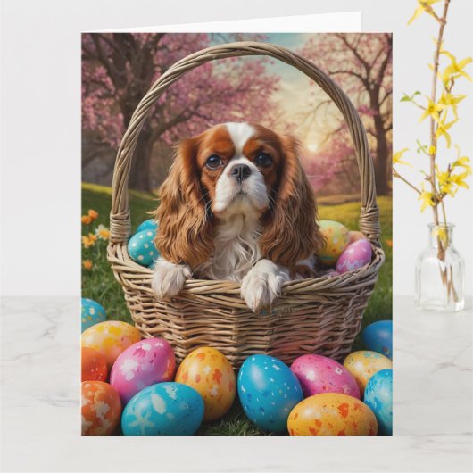 Cavalier King Charles Spaniel Easter Eggs Kaart (Gele Bloem)