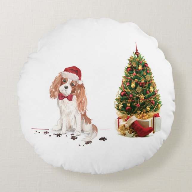 Cavalier King Charles Spaniel Funny Kersthond Rond Kussen (Voorkant)