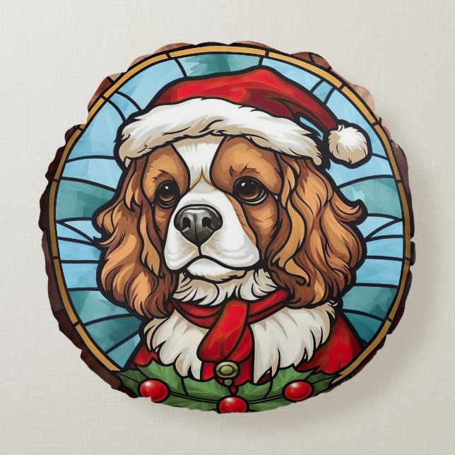 Cavalier King Charles Spaniel Glas Kerstmis Rond Kussen (Voorkant)