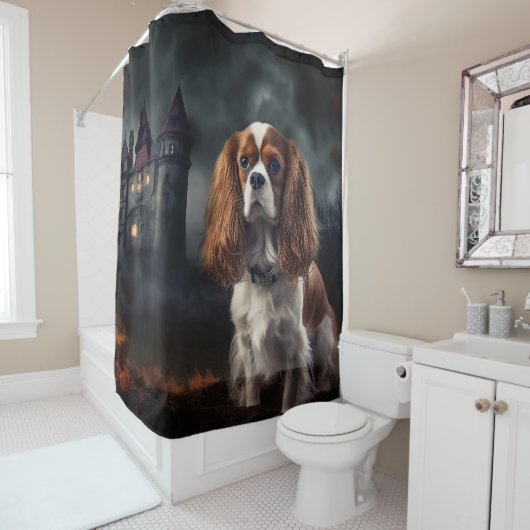 Cavalier King Charles Spaniel Halloween Griezelen Douchegordijn (In situ)