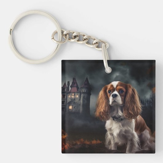 Cavalier King Charles Spaniel Halloween Griezelen Sleutelhanger (Voorkant)