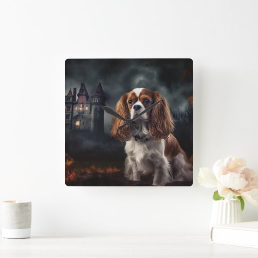 Cavalier King Charles Spaniel Halloween Scary Vierkante Klok (Huis)