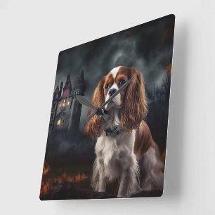 Cavalier King Charles Spaniel Halloween Scary Vierkante Klok