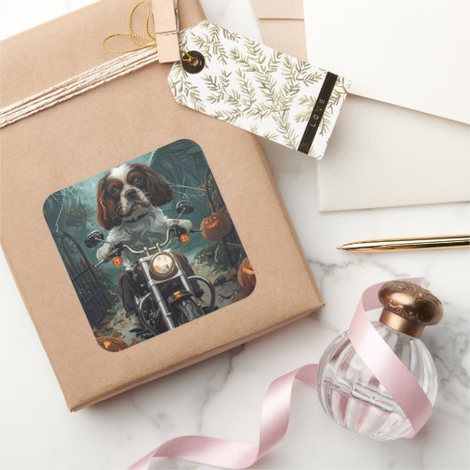 Cavalier King Charles Spaniel Halloween Scary Vierkante Sticker (Geschenken)
