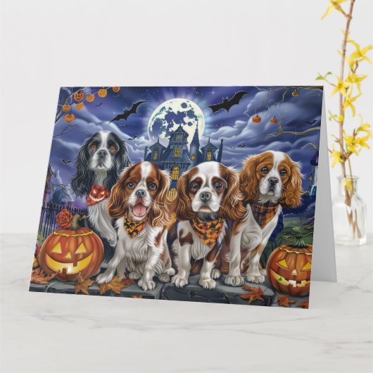 Cavalier King Charles Spaniel Halloween Spooky Kaart (Gele Bloem)
