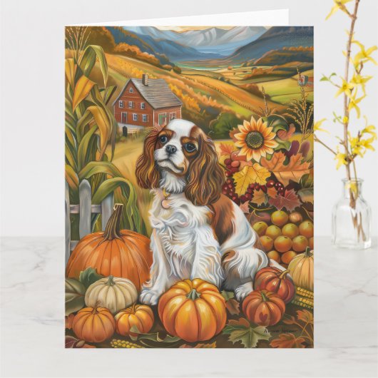Cavalier King Charles Spaniel Herfst Thanksgiving Kaart (Gele Bloem)