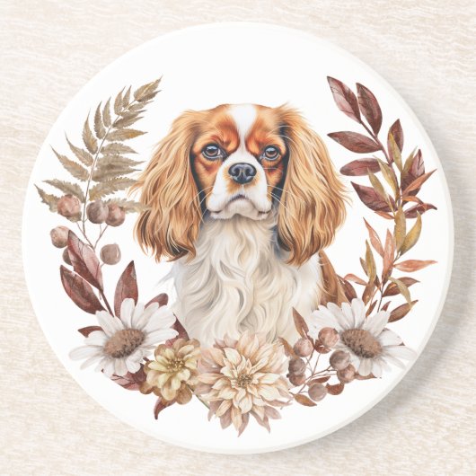 Cavalier King Charles Spaniel Herfstkrans Zandsteen Onderzetter (Voorkant)