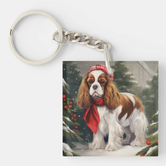Cavalier King Charles Spaniel Hond Kerstmis Sleutelhanger (Voorkant)