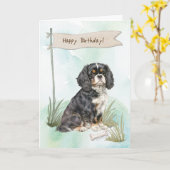 Cavalier King Charles Spaniel Hond onder Verjaarda Kaart (Gele Bloem)