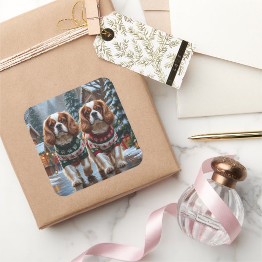 Cavalier King Charles Spaniel Honden Kerst Sneeuw Vierkante Sticker (Geschenken)