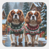 Cavalier King Charles Spaniel Honden Kerst Sneeuw Vierkante Sticker (Voorkant)