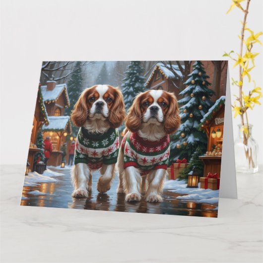 Cavalier King Charles Spaniel Honden Kerstsneeuw Kaart (Gele Bloem)