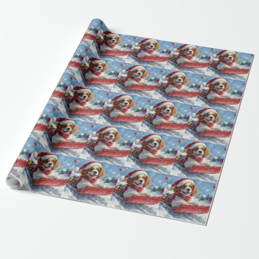 Cavalier King Charles Spaniel Honden Slede Kerstmi Cadeaupapier (Uitgerold)