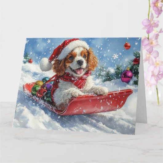 Cavalier King Charles Spaniel Honden Slede Kerstmi Kaart (Orchidee)