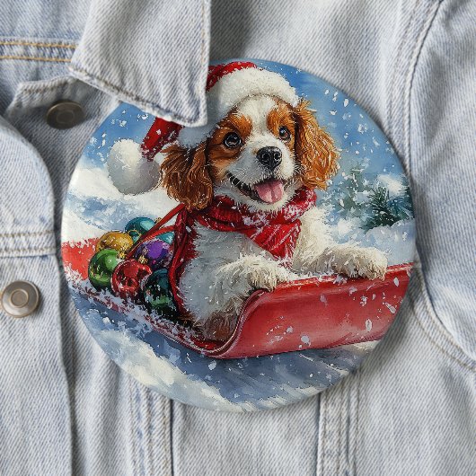 Cavalier King Charles Spaniel Honden Slede Kerstmi Ronde Button 6,0 Cm (In situ)