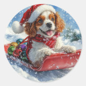 Cavalier King Charles Spaniel Honden Slede Kerstmi Ronde Sticker (Voorkant)
