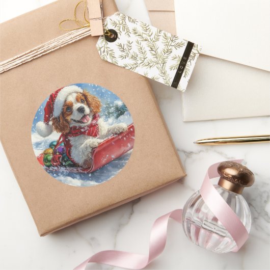 Cavalier King Charles Spaniel Honden Slede Kerstmi Ronde Sticker (Geschenken)