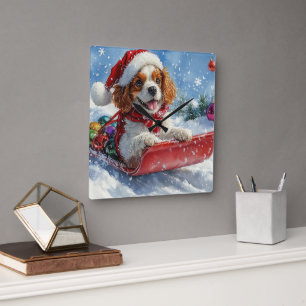 Cavalier King Charles Spaniel Honden Slede Kerstmi Vierkante Klok