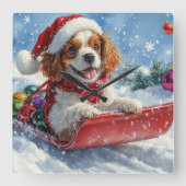 Cavalier King Charles Spaniel Honden Slede Kerstmi Vierkante Klok (Voorkant)