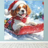 Cavalier King Charles Spaniel Honden slee Christma Canvas Afdruk (Insitu (Houten vloer))