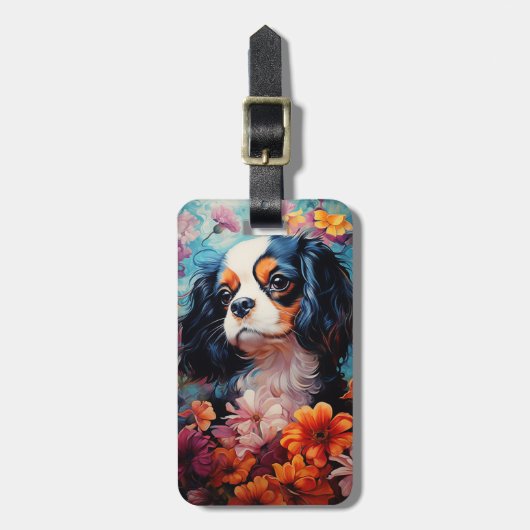 Cavalier King Charles Spaniel in bloemen Bagagelabel (Voorkant verticaal)