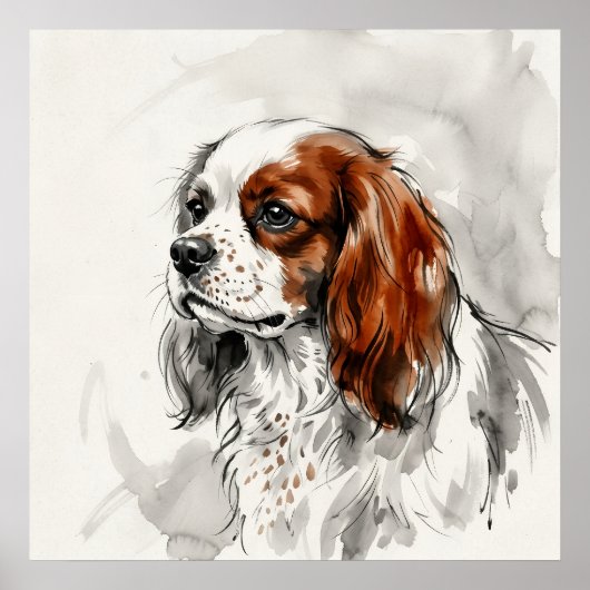 Cavalier King Charles Spaniel inkt schets portret Poster (Voorkant)
