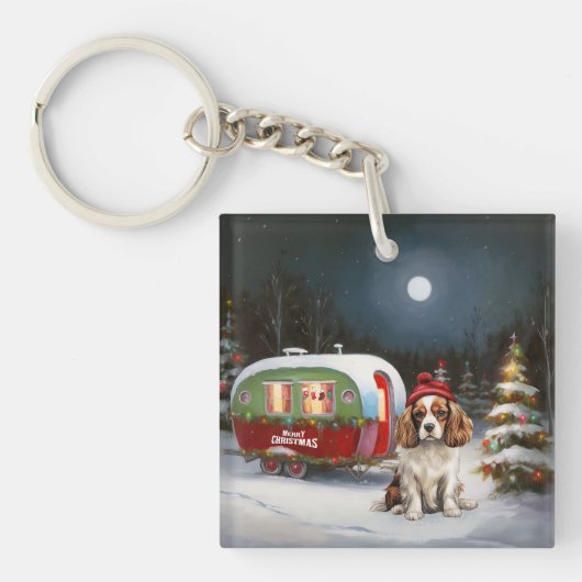 Cavalier King Charles Spaniel Karavaan Kerstmis Sleutelhanger (Voorkant)