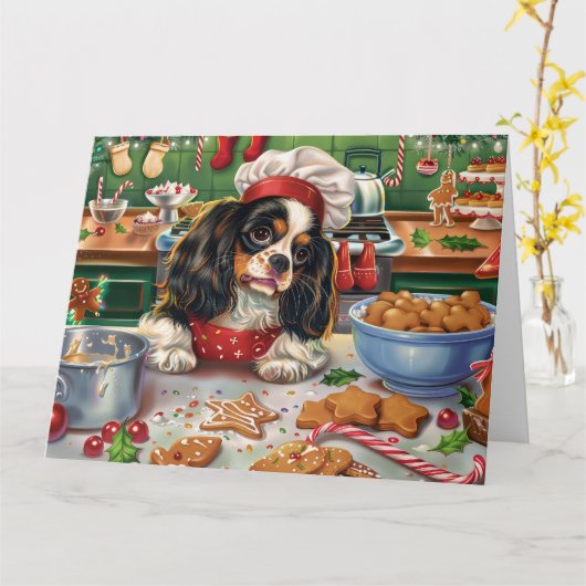 Cavalier King Charles Spaniel Kerstbakkerij Kaart (Gele Bloem)